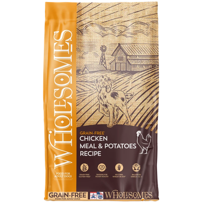 Front view of Wholesomes Chicken Meal &amp; Potatoes Recipe Dog Food 35 lb bag — LibertyFHG Galion OH