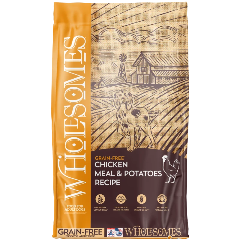 Front view of Wholesomes Chicken Meal &amp; Potatoes Recipe Dog Food 35 lb bag — LibertyFHG Galion OH