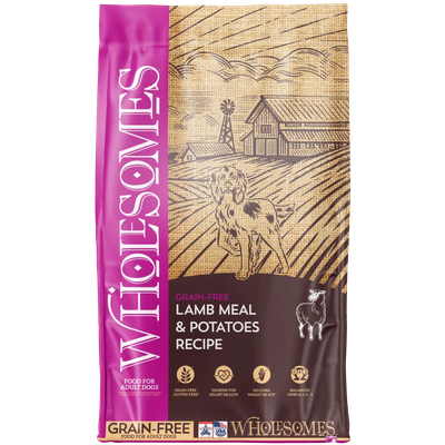 Front view of Wholesomes Lamb Meal &amp; Potatoes Recipe Dog Food 35 lb bag — LibertyFHG Galion OH