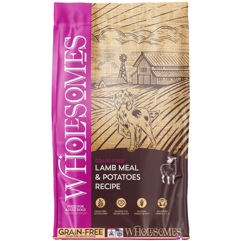 Front view of Wholesomes Lamb Meal &amp; Potatoes Recipe Dog Food 35 lb bag — LibertyFHG Galion OH