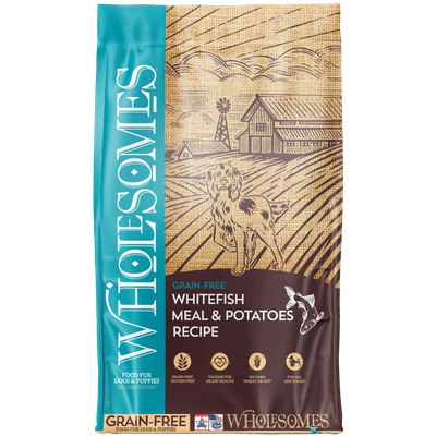 Front view of Wholesomes Whitefish Meal &amp; Potatoes Recipe Dog Food 35 lb bag — LibertyFHG Galion OH