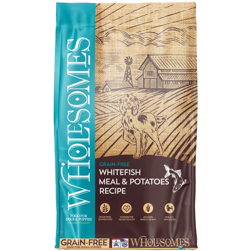 Front view of Wholesomes Whitefish Meal &amp; Potatoes Recipe Dog Food 35 lb bag — LibertyFHG Galion OH