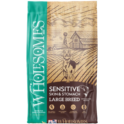 Front view of Wholesomes Sensitive Skin &amp; Stomach Large Breed with Salmon Protein Dog Food 30 lb bag — LibertyFHG Galion OH