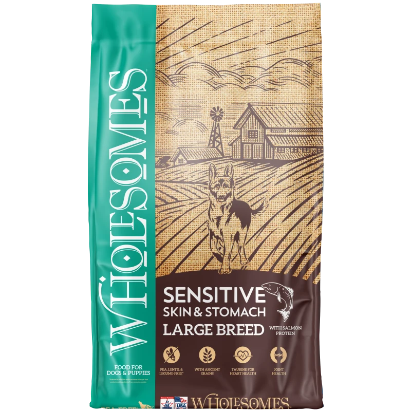 Front view of Wholesomes Sensitive Skin &amp; Stomach Large Breed with Salmon Protein Dog Food 30 lb bag — LibertyFHG Galion OH