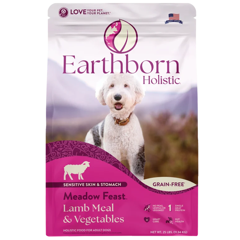 Front view of Earthborn Holistic Meadow Feast Grain-Free Dog Food 25 lb bag — LibertyFHG Galion OH