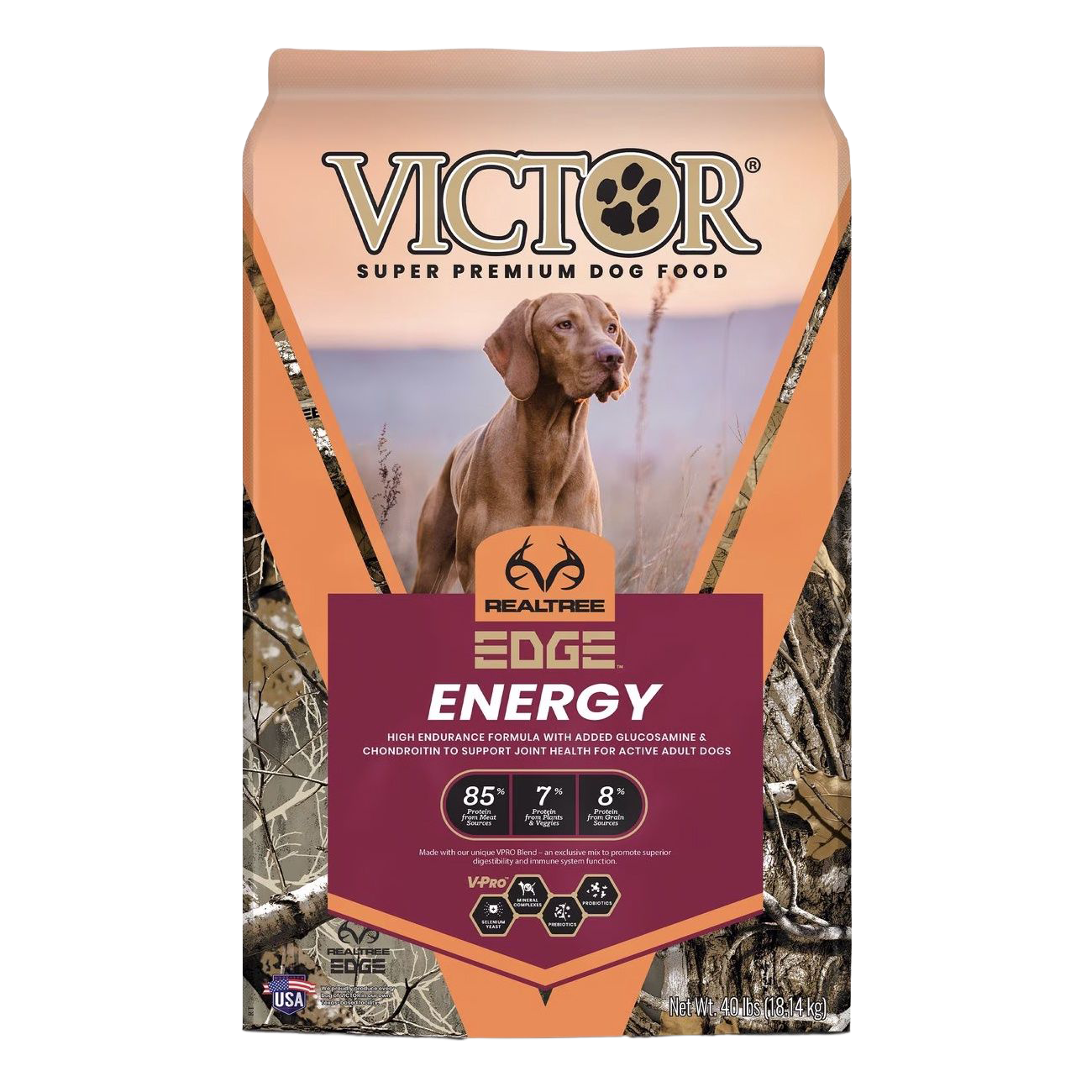 Front view of Victor Edge Energy Dog Food 40 lb bag — LibertyFHG Galion OH
