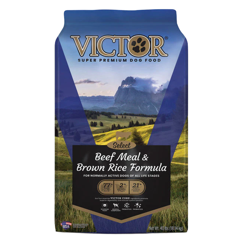 Front view of Victor Beef Meal &amp; Brown Rice Formula Dog Food 40 lb bag — LibertyFHG Galion OH