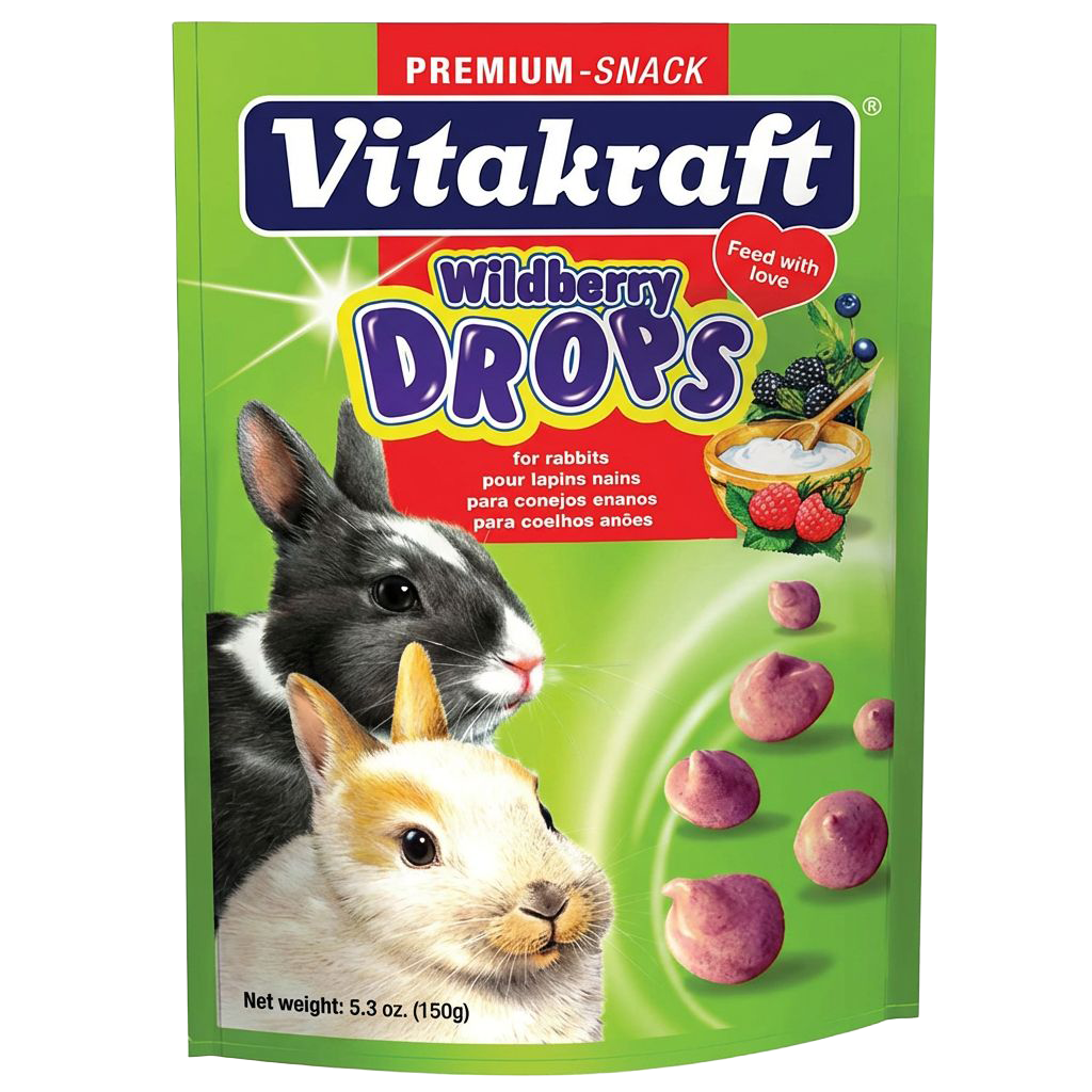 Front view of Vitakraft Wildberry Drops Rabbit Treats 5 oz bag — LibertyFHG Galion OH