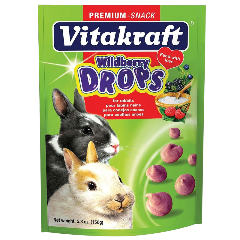 Front view of Vitakraft Wildberry Drops Rabbit Treats 5 oz bag — LibertyFHG Galion OH