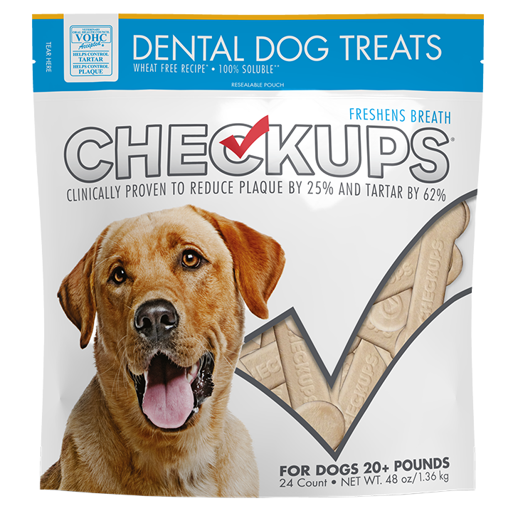 Front view of Checkups Dental Dog Treats 24 ct 48 oz bag — LibertyFHG Galion OH