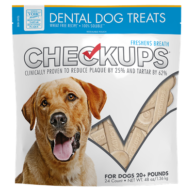 Front view of Checkups Dental Dog Treats 24 ct 48 oz bag — LibertyFHG Galion OH