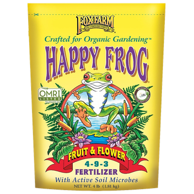Front view of FoxFarm Happy Frog Fruit &amp; Flower Fertilizer 4-9-3 4 lb bag — LibertyFHG Galion OH