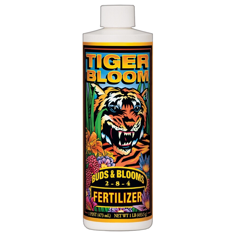 Front view of FoxFarm Tiger Bloom liquid plant food 1 pint bottle — LibertyFHG Galion OH