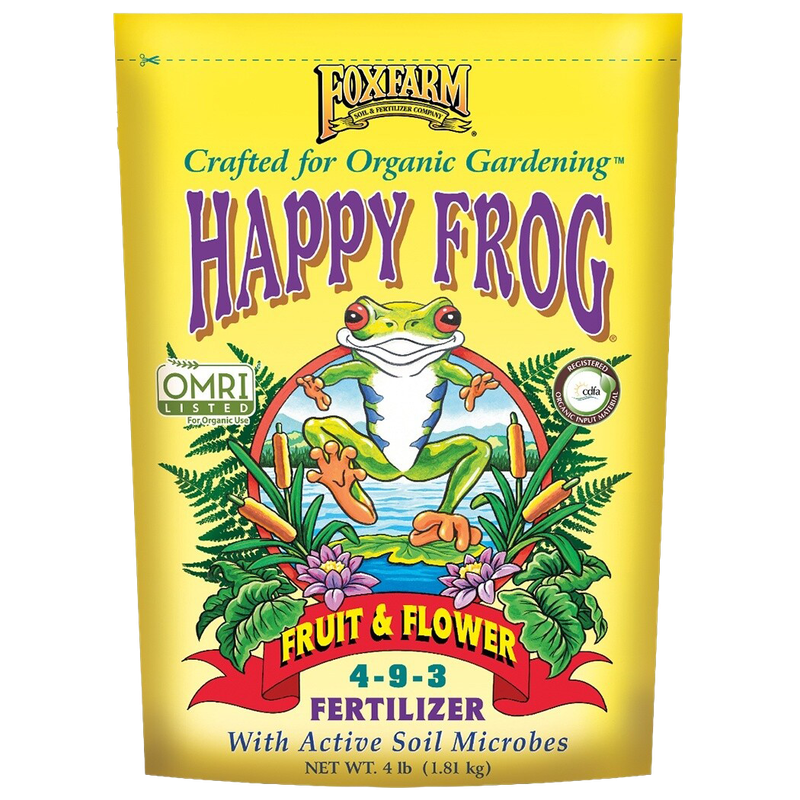 Front view of FoxFarm Happy Frog Fruit &amp; Flower Fertilizer 4-9-3 4 lb bag — LibertyFHG Galion OH
