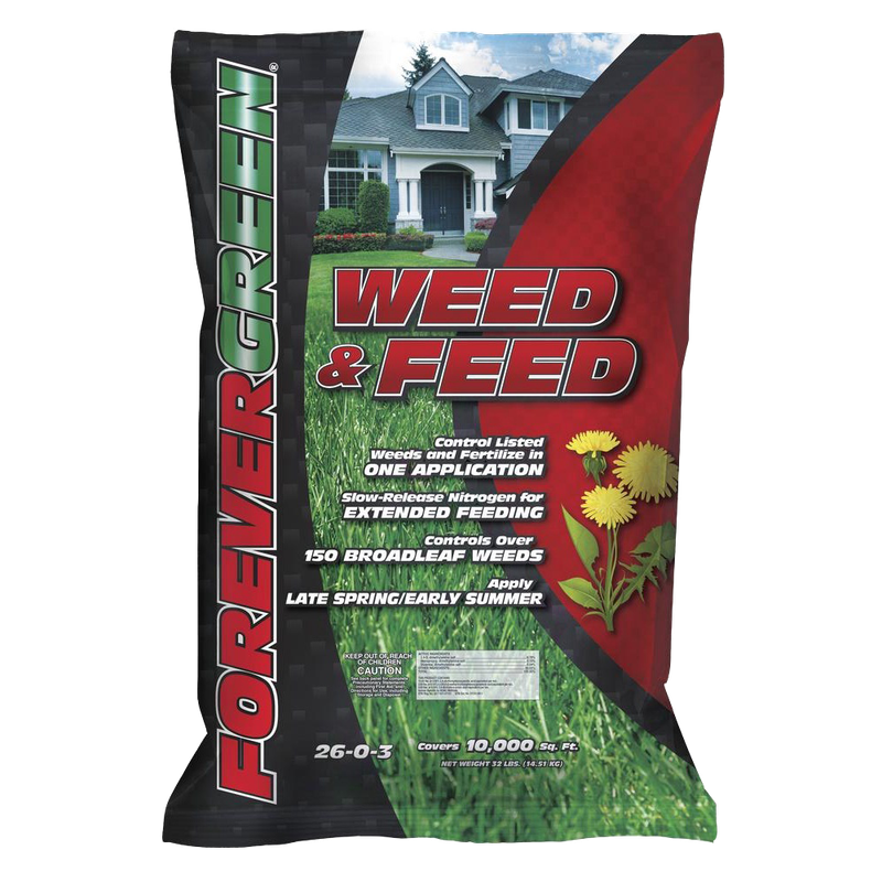 Front view of Forever Green Weed &amp; Feed lawn fertilizer 32 lb for 10,000 sq ft coverage — LibertyFHG Galion OH