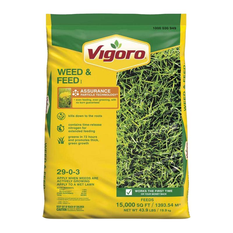 Front view of Vigoro Weed and Feed Weed Killer Plus Lawn Fertilizer 43.9 lb — LibertyFHG Galion OH