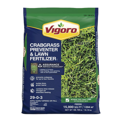 Front view of Vigoro Crabgrass Preventer and Lawn Fertilizer 42.18 lb — LibertyFHG Galion OH