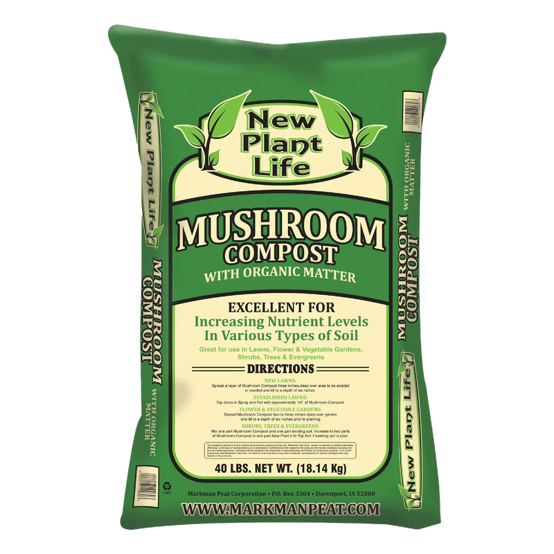 Front view of New Plant Life mushroom compost with organic matter 40 lb bag — LibertyFHG Galion OH