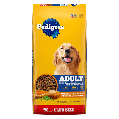 Front view of Pedigree Adult Roasted Chicken Rice &amp; Vegetable Dog Food 50 lb bag — LibertyFHG Galion OH