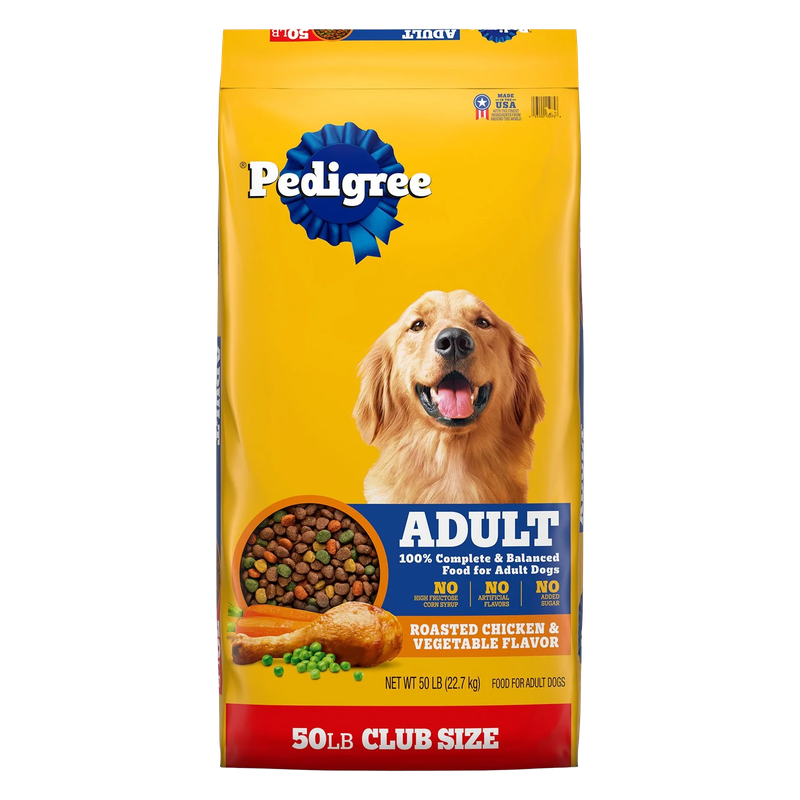 Front view of Pedigree Adult Roasted Chicken Rice &amp; Vegetable Dog Food 50 lb bag — LibertyFHG Galion OH
