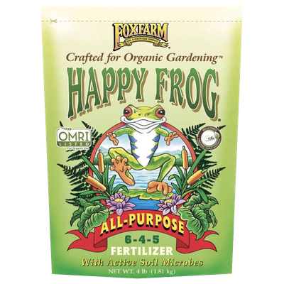 Front view of FoxFarm Happy Frog All-Purpose Fertilizer 6-4-5 4 lb bag — LibertyFHG Galion OH