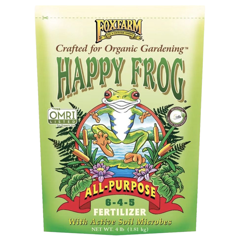 Front view of FoxFarm Happy Frog All-Purpose Fertilizer 6-4-5 4 lb bag — LibertyFHG Galion OH