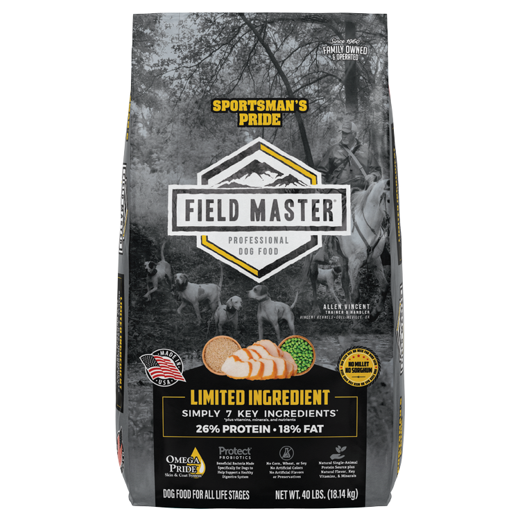 Front view of Sportsman’s Pride Field Master Limited Ingredient Dog Food 40 lb bag — Liberty Farm, …