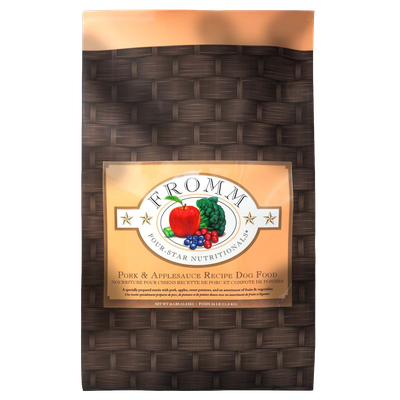 Front view of Fromm Four-Star Pork &amp; Applesauce Recipe Dog Food 26 lb bag — LibertyFHG Galion OH