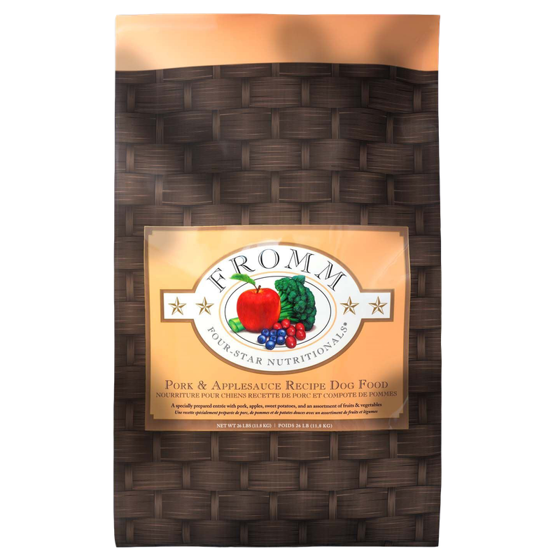 Front view of Fromm Four-Star Pork &amp; Applesauce Recipe Dog Food 26 lb bag — LibertyFHG Galion OH