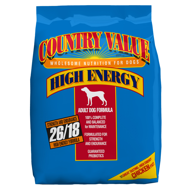 Front view of Country Value High Energy 26-18 Adult Dog Food 50 lb — adult dog food — LibertyFHG Galion OH