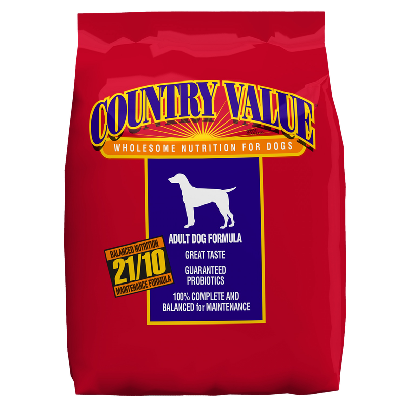Front view of Country Value 21-10 Adult Dog Food 50 lb bag — Liberty Farm, Home &amp; Garden Galion OH