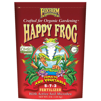Front view of FoxFarm Happy Frog Tomato &amp; Vegetable Fertilizer 5-7-3 4 lb bag — LibertyFHG Galion OH