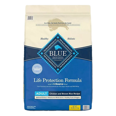 Front view of Blue Buffalo Life Protection Formula Adult Chicken &amp; Brown Rice 38 lb dog food bag — …