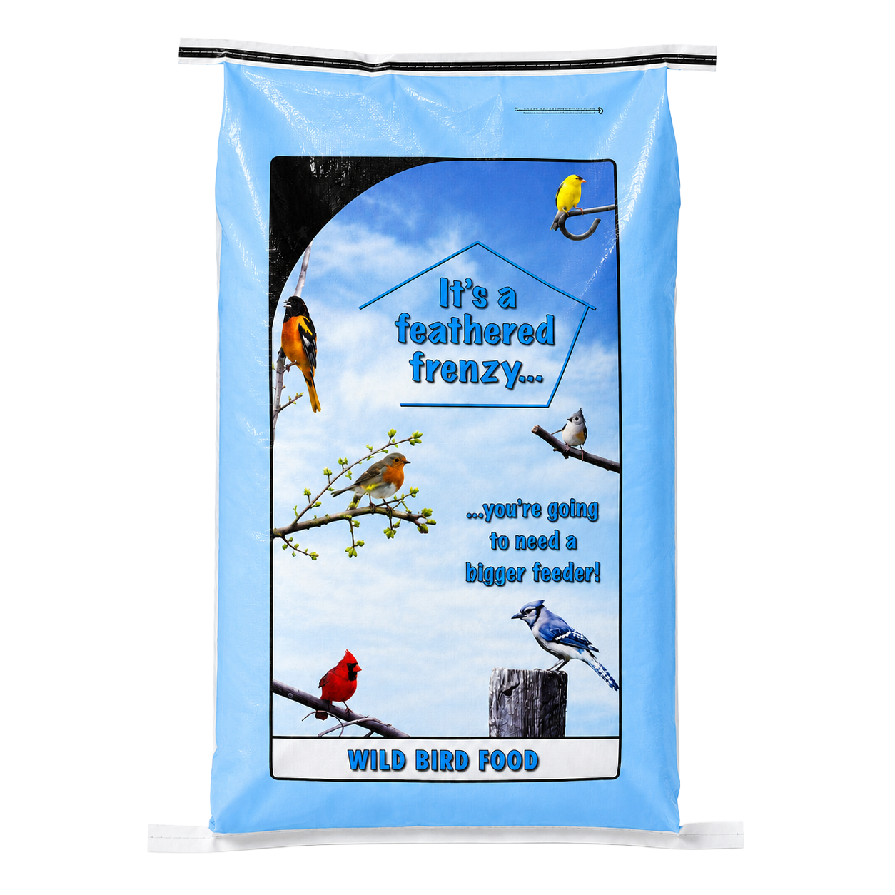 Liberty Gourmet Wild Birdseed 40 lb blue bag with illustrated wild birds