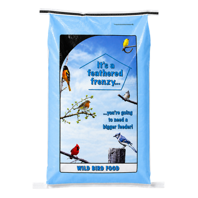Liberty Gourmet Wild Birdseed 40 lb blue bag with illustrated wild birds