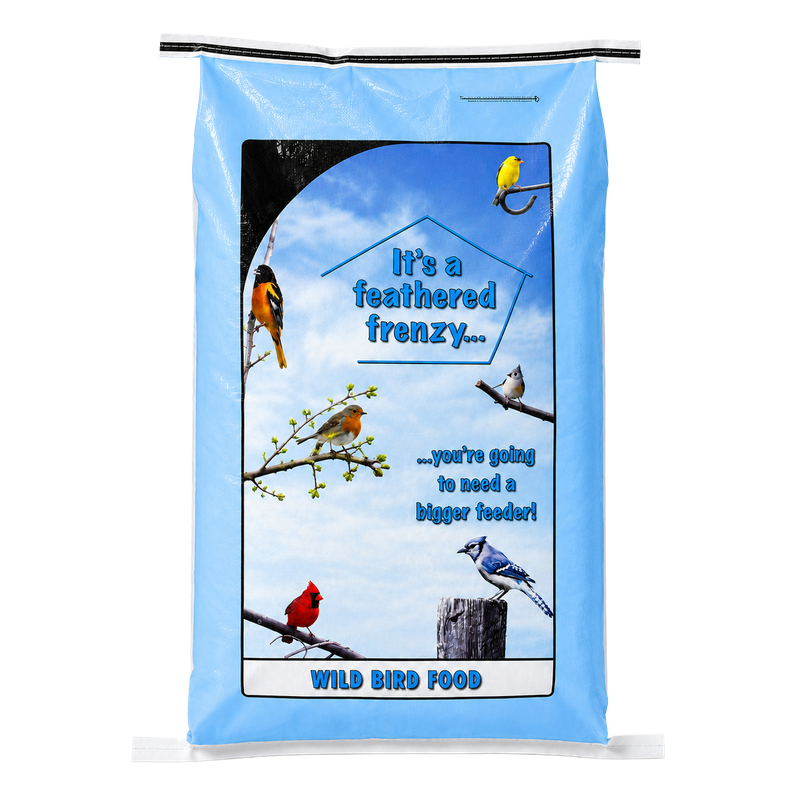 Liberty Gourmet Wild Birdseed 40 lb blue bag with illustrated wild birds