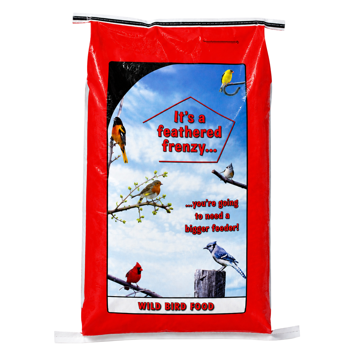 Liberty Premium Wild Birdseed 40 lb — red wild bird food bag with backyard bird artwork