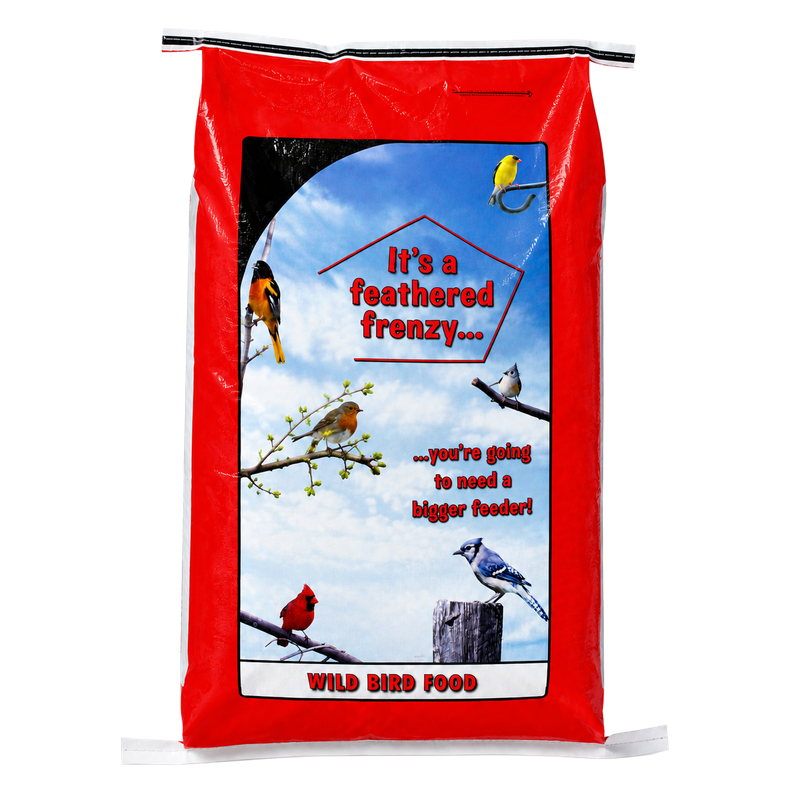 Liberty Premium Wild Birdseed 40 lb — red wild bird food bag with backyard bird artwork