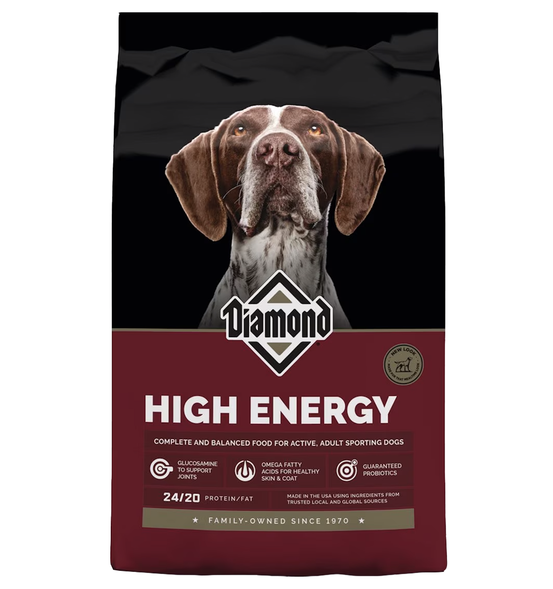 Diamond Hi-Energy 50 lb dog food bag front with active adult sporting dog formula claims