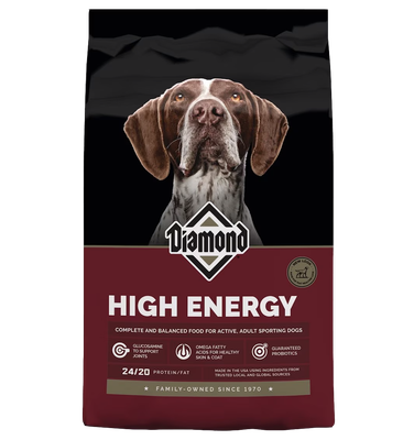 Diamond Hi-Energy 50 lb dog food bag front with active adult sporting dog formula claims