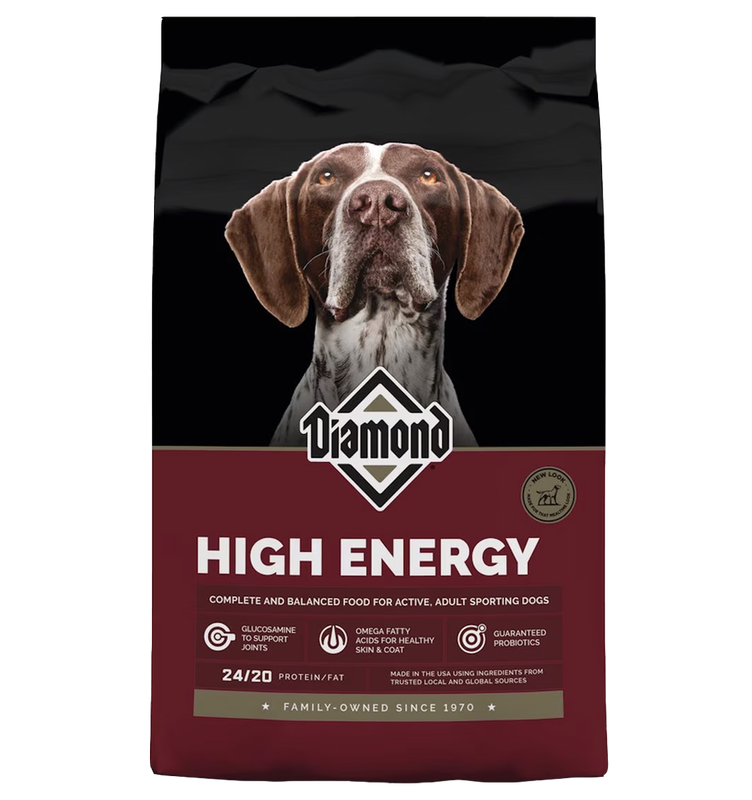Diamond Hi-Energy 50 lb dog food bag front with active adult sporting dog formula claims