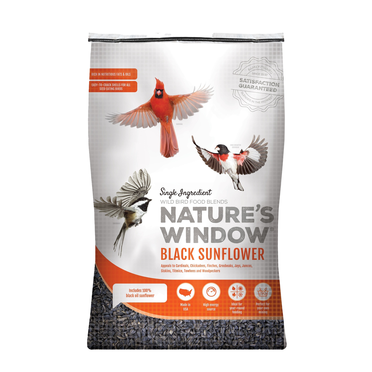 Front view of Nature’s Window Black Oil Sunflower wild bird seed 40 lb bag
