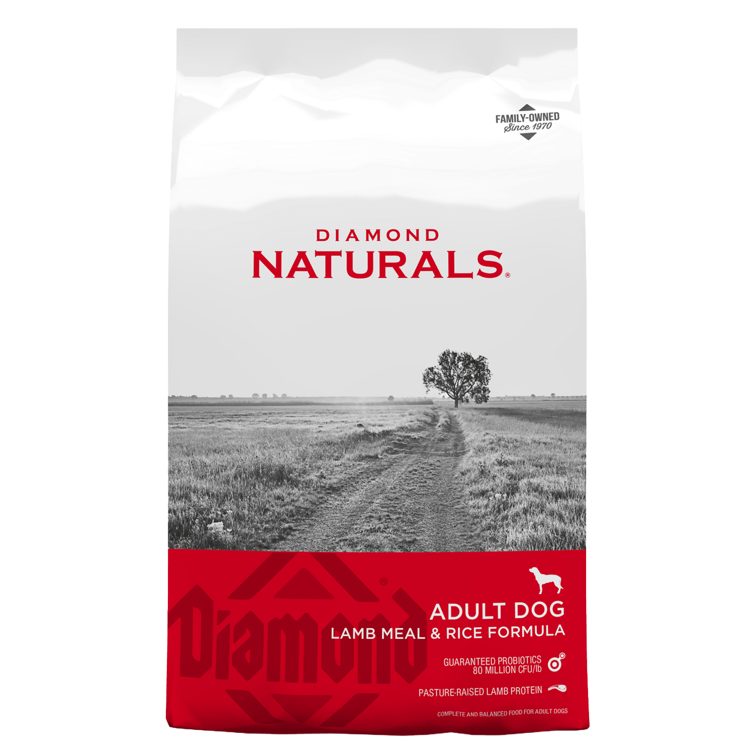 Diamond Naturals Adult Dog Lamb Meal &amp; Rice Formula — red-and-white bag front with field scene