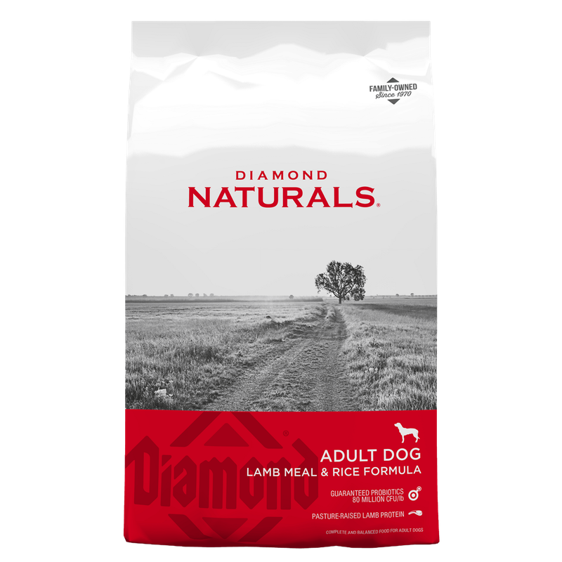 Diamond Naturals Adult Dog Lamb Meal &amp; Rice Formula — red-and-white bag front with field scene