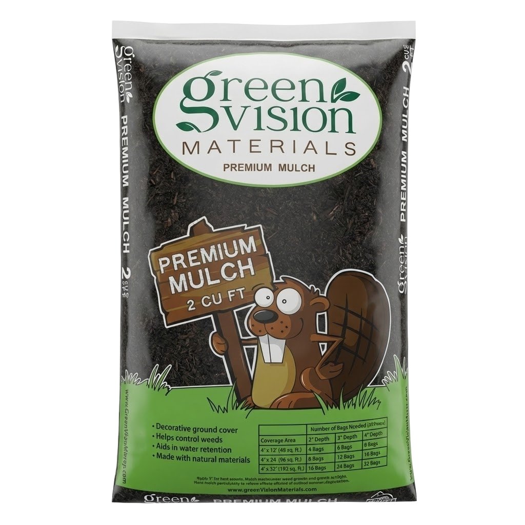 Front view of Green Vision Materials Premium Mulch 2 cu ft bag — LibertyFHG Galion OH