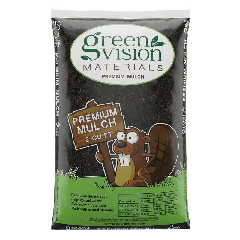 Front view of Green Vision Materials Premium Mulch 2 cu ft bag — LibertyFHG Galion OH