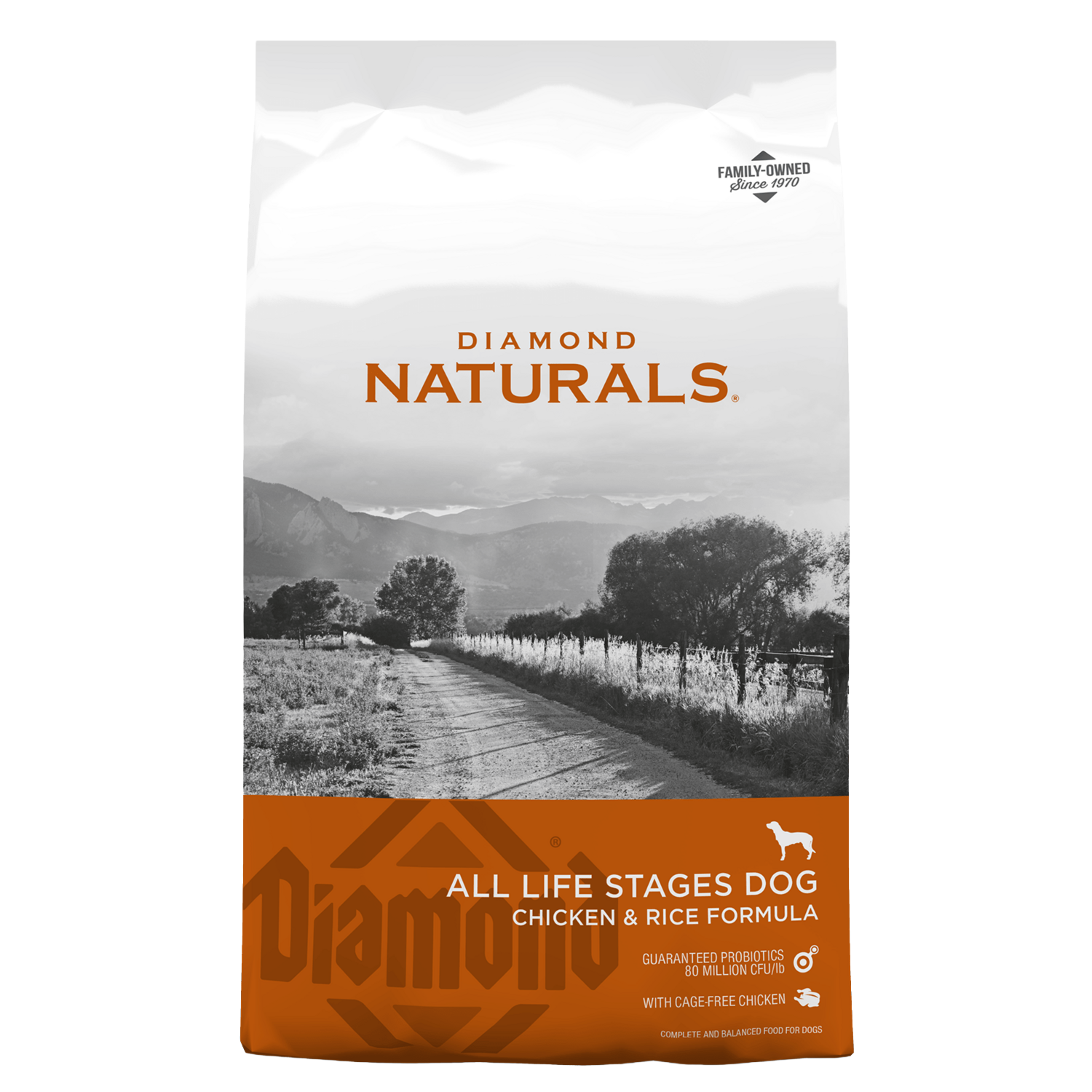 Diamond Naturals All Life Stages Chicken &amp; Rice dog food 40 lb bag, front view