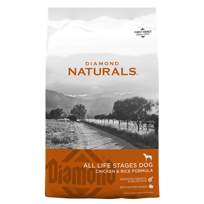 Diamond Naturals All Life Stages Chicken &amp; Rice dog food 40 lb bag, front view
