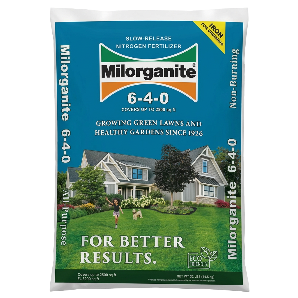 Front view of Milorganite 32 lb lawn fertilizer — LibertyFHG Galion OH