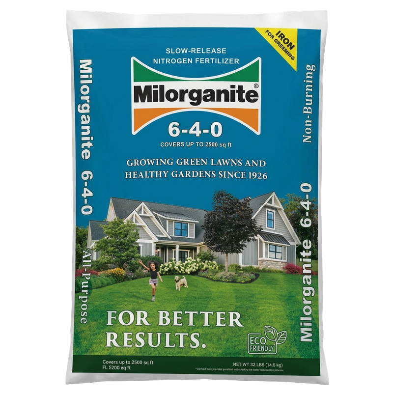 Front view of Milorganite 32 lb lawn fertilizer — LibertyFHG Galion OH